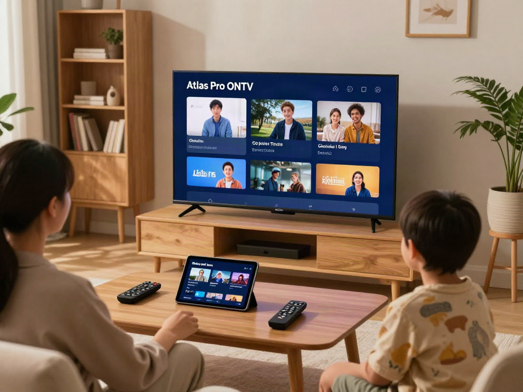 Configuration IPTV avec l'application Atlas Pro à l'écran, famille installée dans le salon.