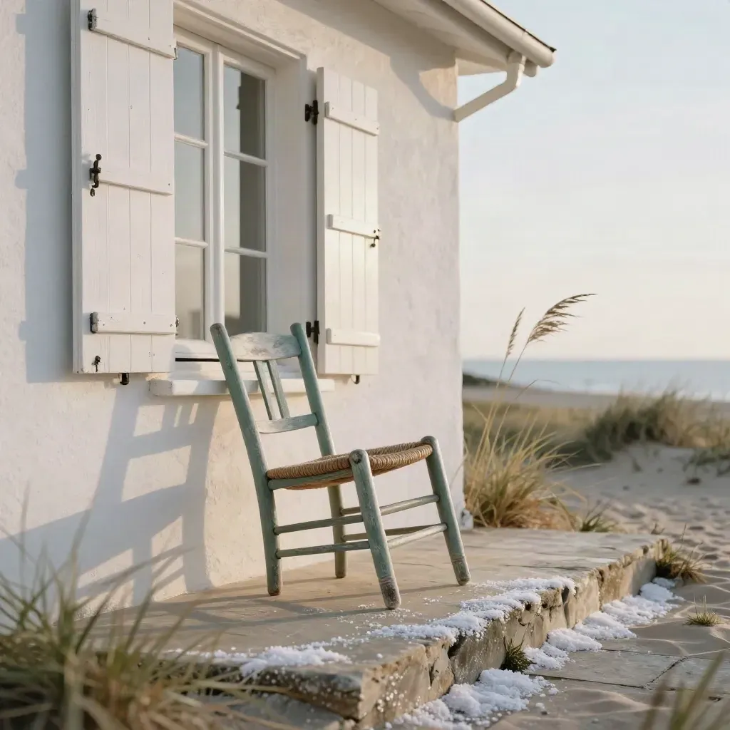 Maison de bord de mer, volets fermés, tamaris courbé, chaise renversée, vent salin sur la terrasse.