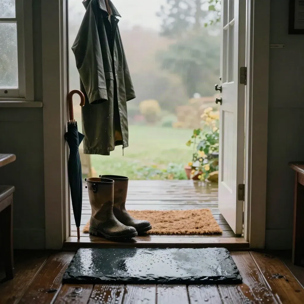 Porche de maison sous la pluie, bottes, ciré et parapluie devant une marche mouillée.