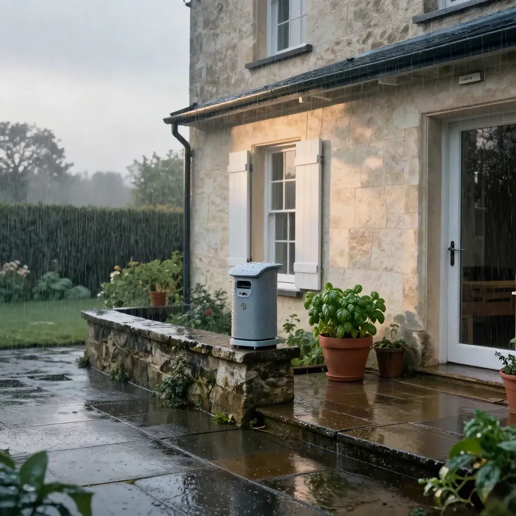 Maison en pierre sous la pluie, station météo sur un muret et jardin mouillé au petit matin.
