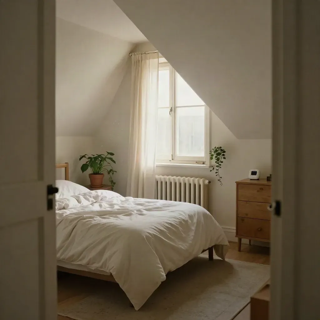 Chambre mansardée lumineuse avec lit défait, radiateur tiède, capteur d’humidité et plante tombante.