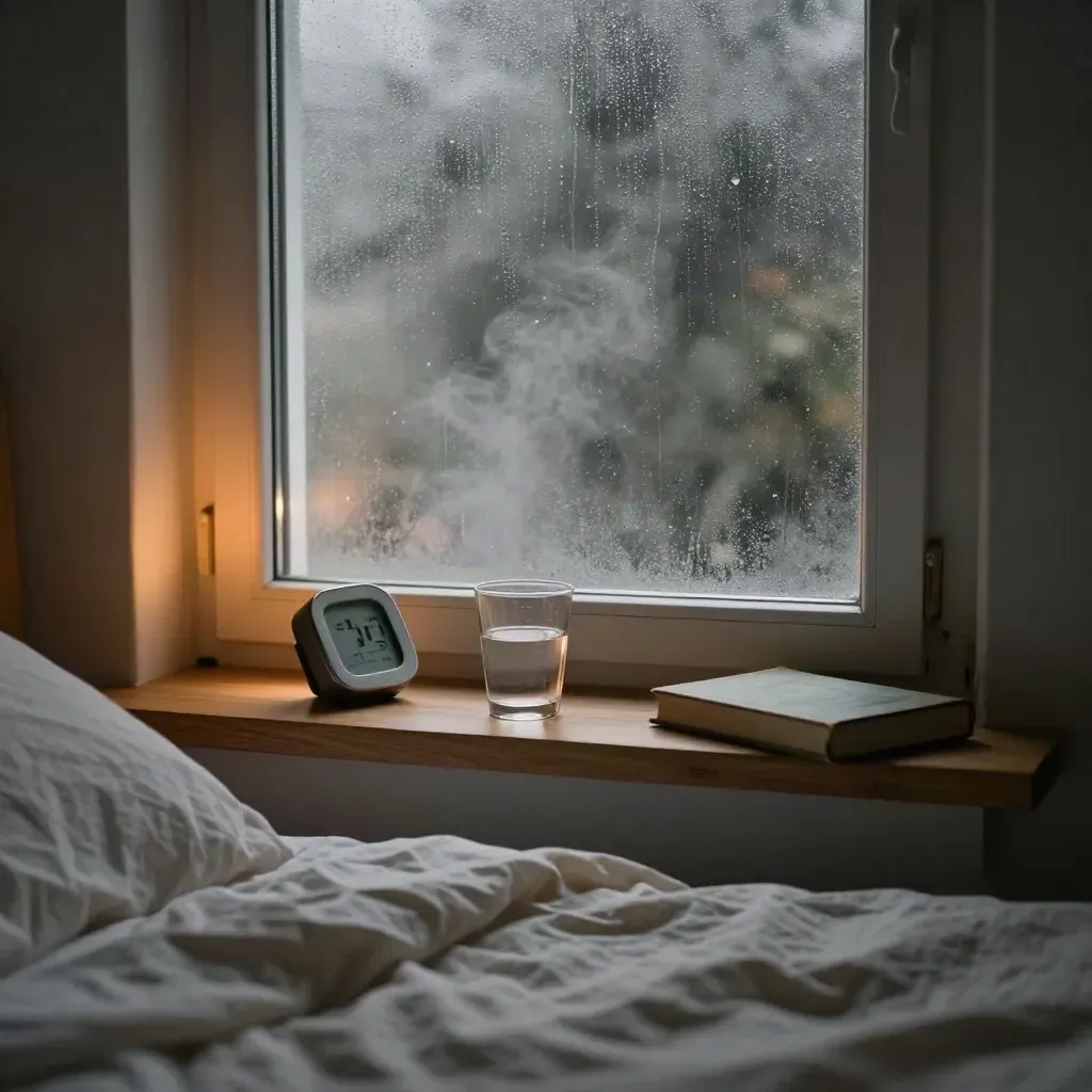 Fenêtre de chambre couverte de buée, thermomètre-hygromètre, verre d’eau et livre fermé sur la tablette.