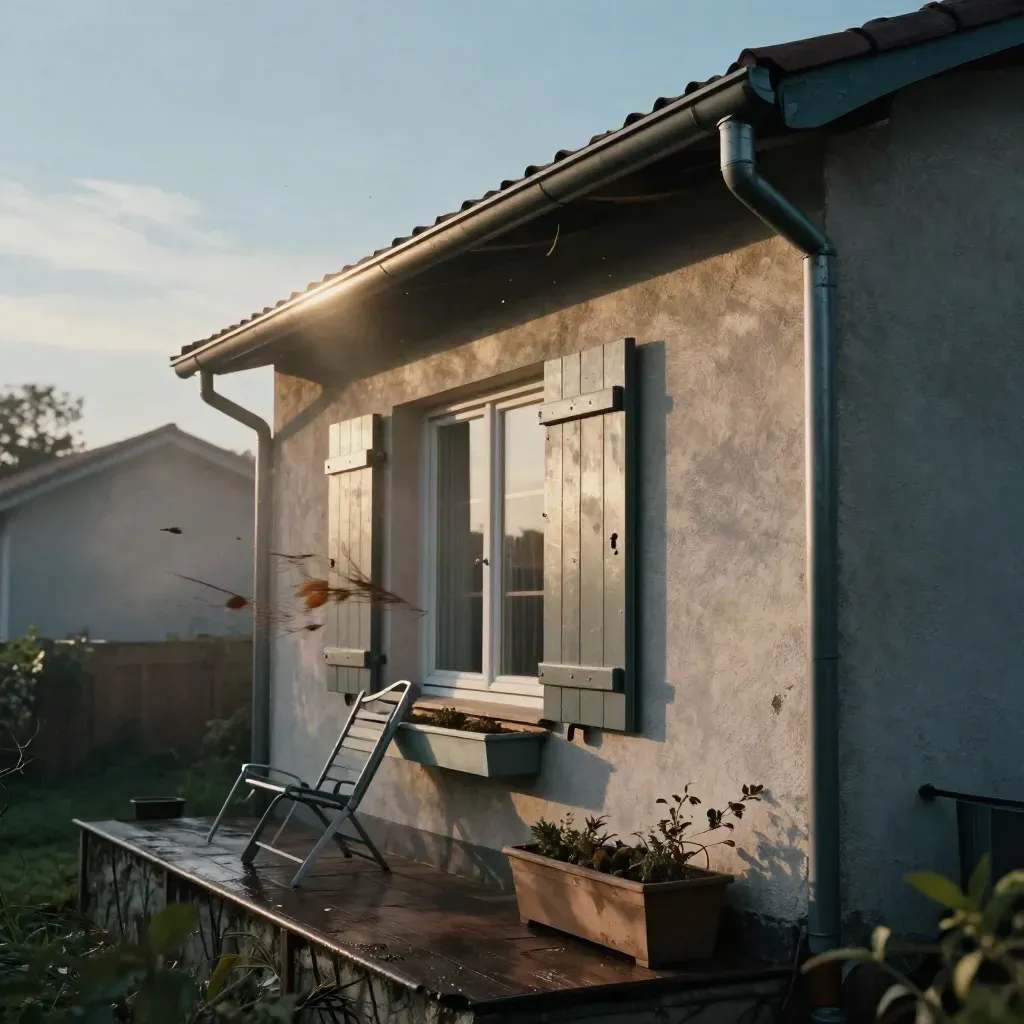 Façade de maison battue par le vent, chaise renversée, gouttière vibrante, feuilles volantes.