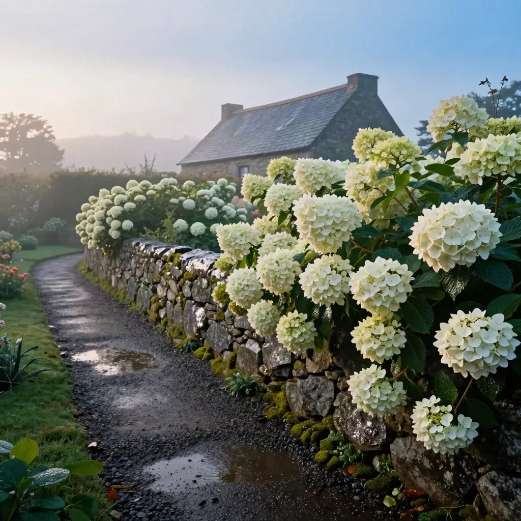 Muret de granit, hortensias mouillés, allée de gravier et toit d’ardoise sous la bruine.
