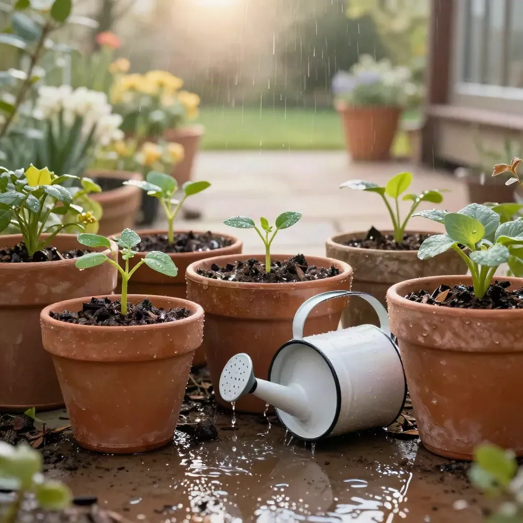 Arrosoir blanc renversé, pots en terre cuite et semis mouillés sur une terrasse après la pluie.