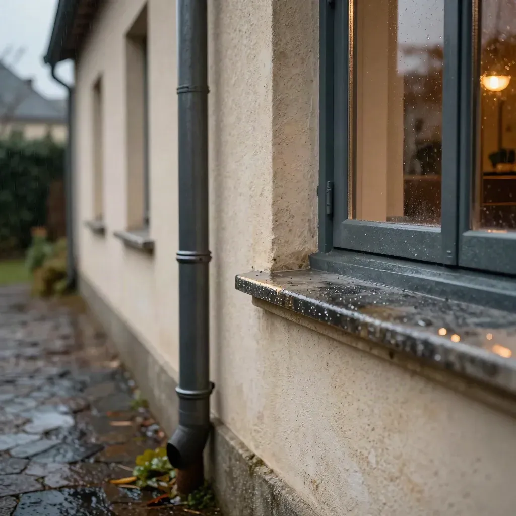 Gouttière, seuil en pierre et baie vitrée sous une pluie naissante.