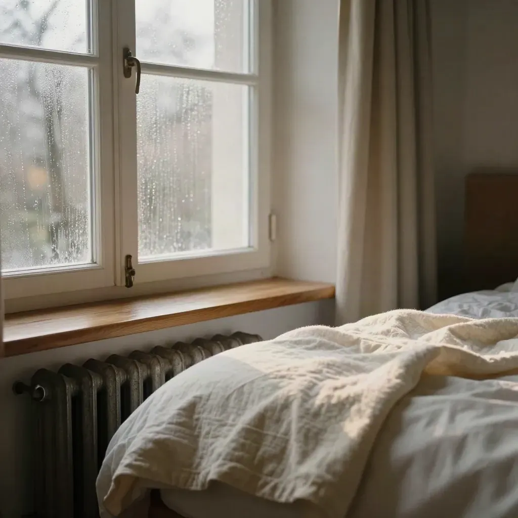 Fenêtre de chambre embuée, radiateur ancien et couverture épaisse, au matin.