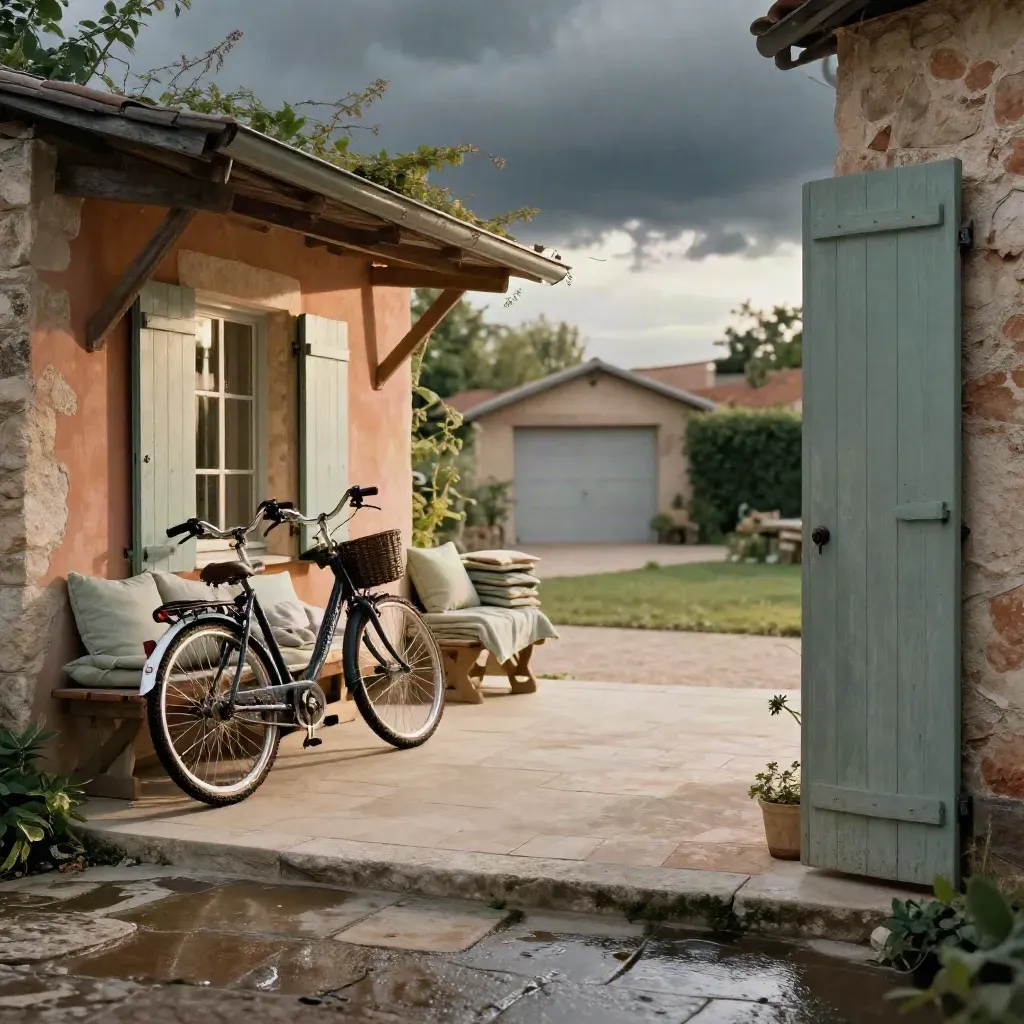 Cour de maison battue par le vent, vélos abrités, coussins empilés et ciel d’orage.