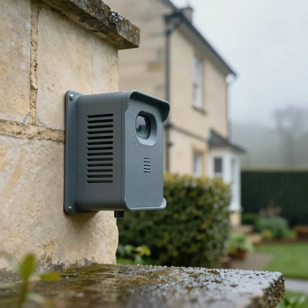 Station météo discrète sur un muret de jardin, maison et haie floues sous un ciel changeant.