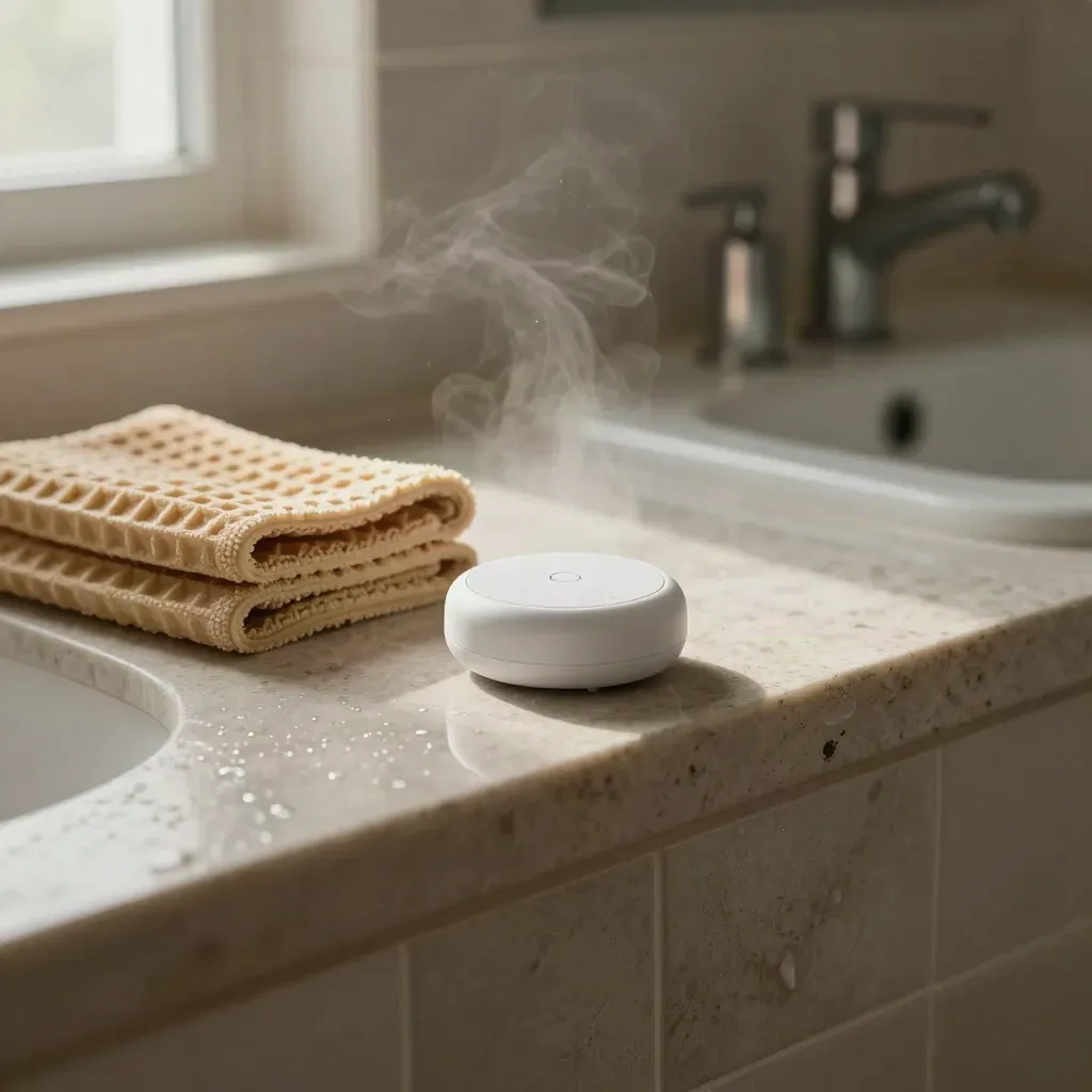 Capteur d’humidité blanc sur un lavabo, serviette pliée et vapeur légère dans une salle de bain lumineuse.
