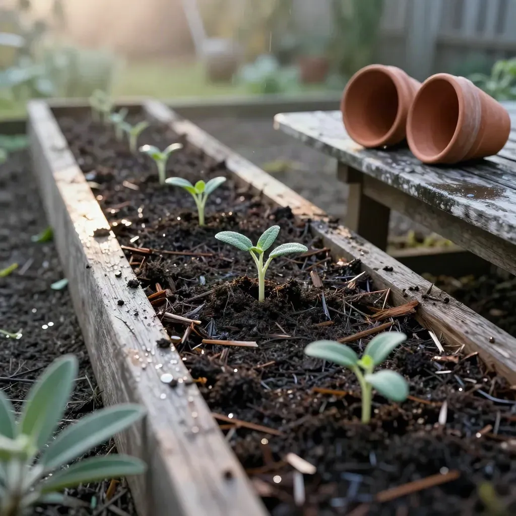 Potager après la pluie, paillage sombre, jeunes pousses et godets retournés en lumière douce.
