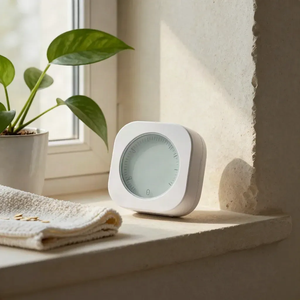 Capteur d’humidité blanc, pothos, tasse vide et torchon sur tablette de plâtre clair.
