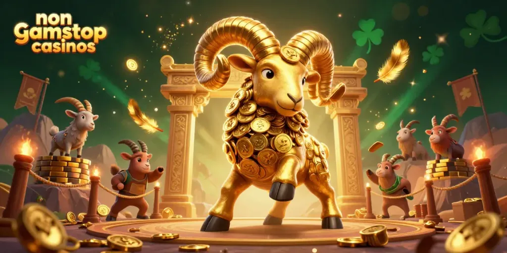 Experience the thrill at non gamstop casinos with a golden ram charging through a dynamic casino scene.
